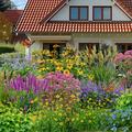 Staudenbeet Zeichnung 'Aller Anfang ist leicht' - In der dargestellten Zeichnung werden alle Pflanzen bl�hend gezeigt, was nat�rlich nicht realistisch ist. Tats�chlich ist die Pflanzenliste so gew�hlt, dass �ber einen langen Zeitraum immer etwas bl�ht.